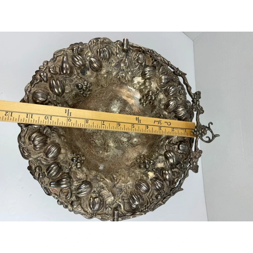 Vintage Silver Plate Tone Footed Bride Basket Repousse Grapes Gourd